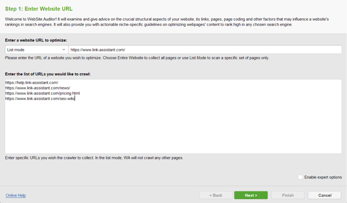 List of URLs in WebSite Auditor 