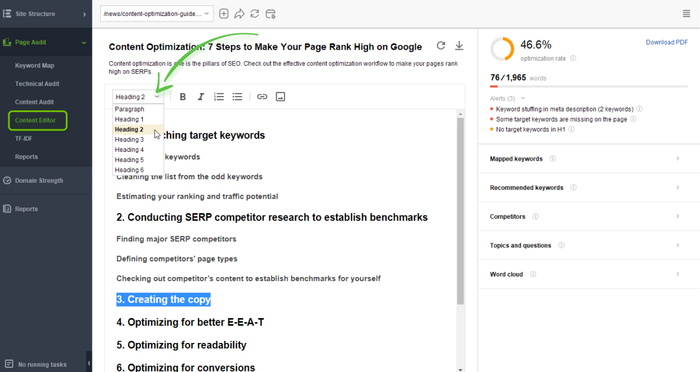ouplining structure in WebSite Auditor