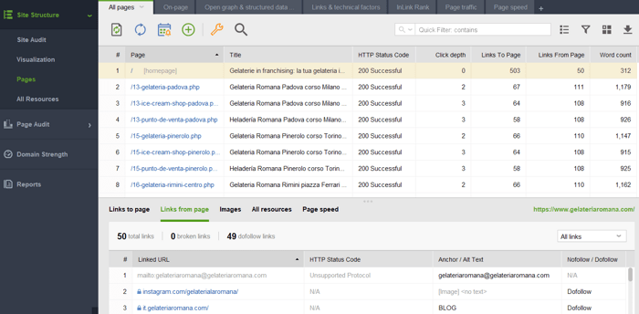 website pages collected in WebSite Auditor