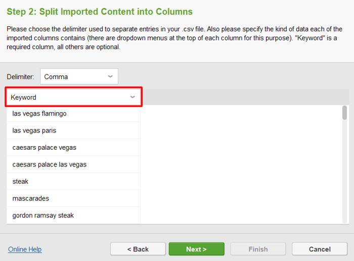 specify the column with keywords