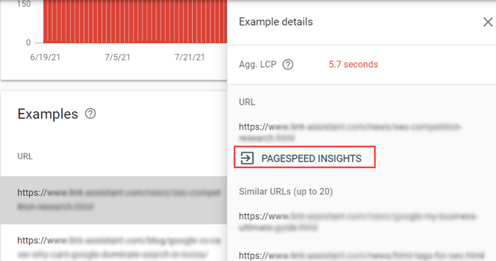 the list of pages with poor core web vitals