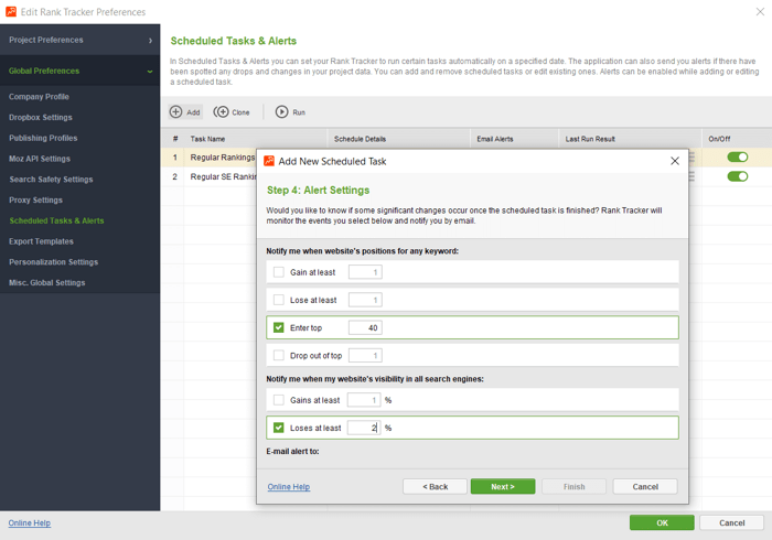 Set up an automatic ranking check or alert in Rank Tracker
