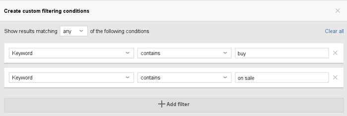 filtering conditions of rank tracker