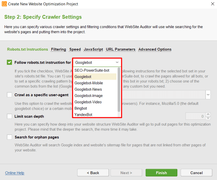 specifying crawler settings