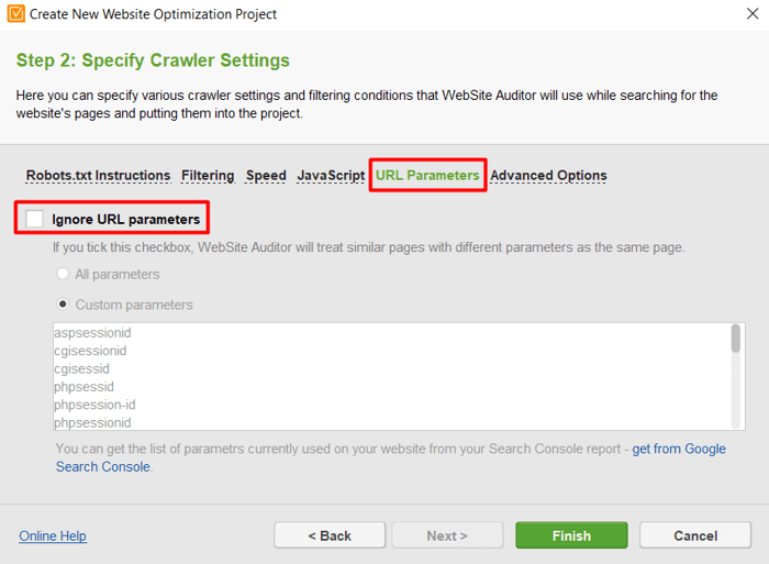 specifying URL parameters