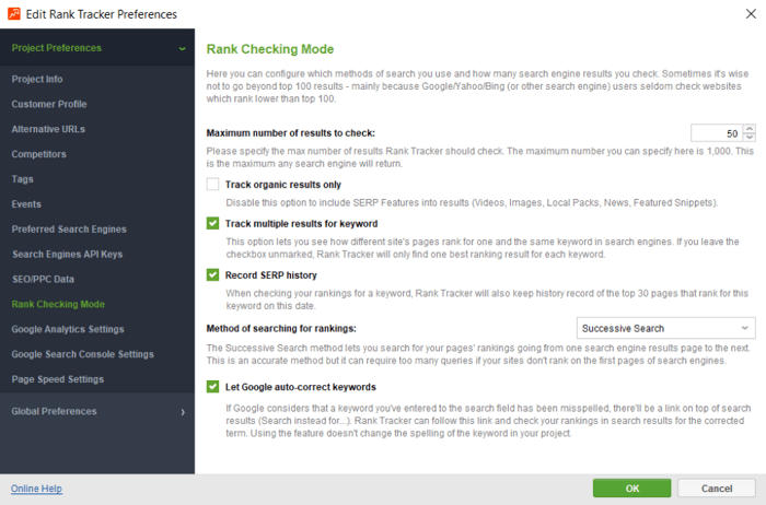 Enable the rank checking mode to collect rich results on the SERP from Project Preferences