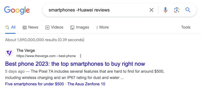Google search operator: minus sign