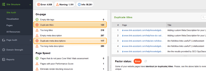 Check duplicate issues in the On-page section of the Site Audit module